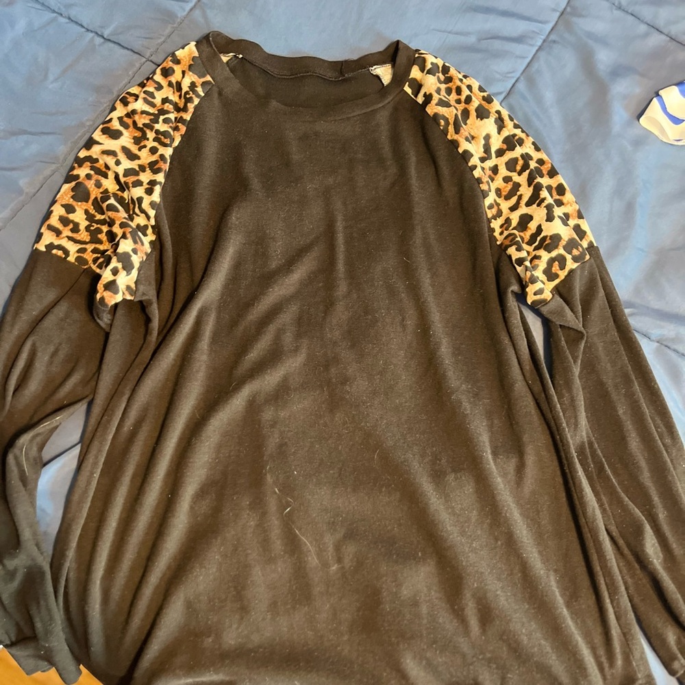 Black Sweater with Leopard Print Sleeves